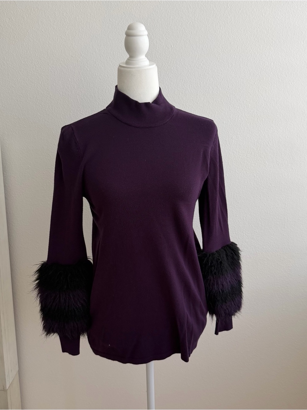 Alfani Purple Mock Neck Knit Sweater w/ Black Faux Fur Cuffs - Size Petite Small
